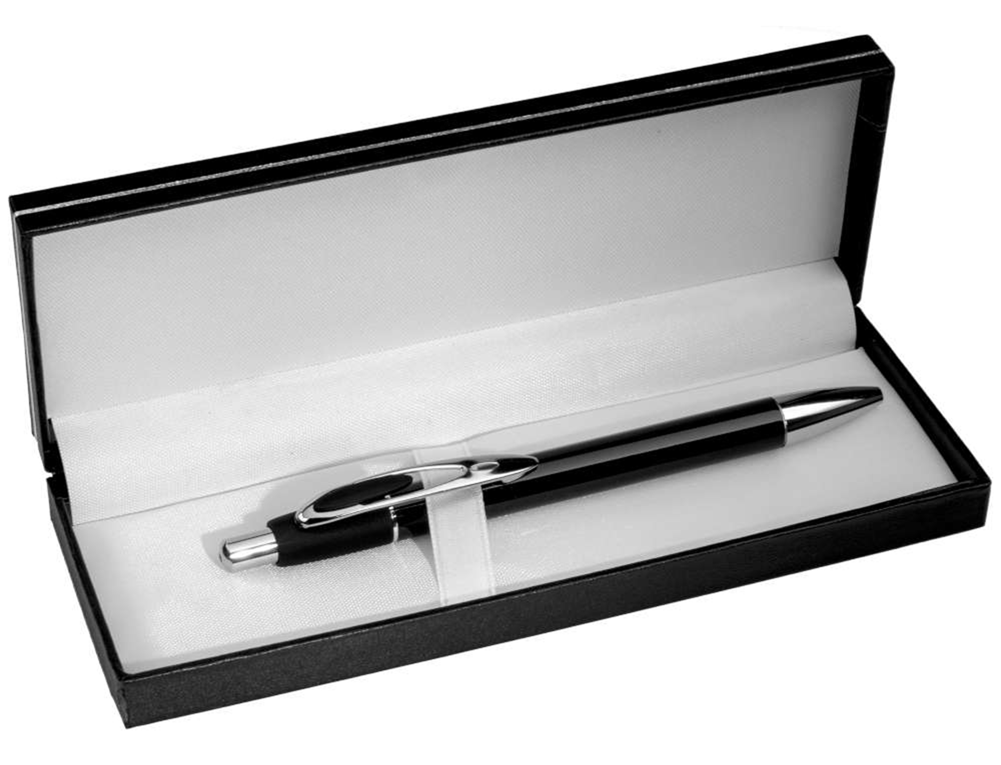 Schwarzer Kugelschreiber, individuell gravierbar in schwarzem Etui mit weißer Innenauskleidung